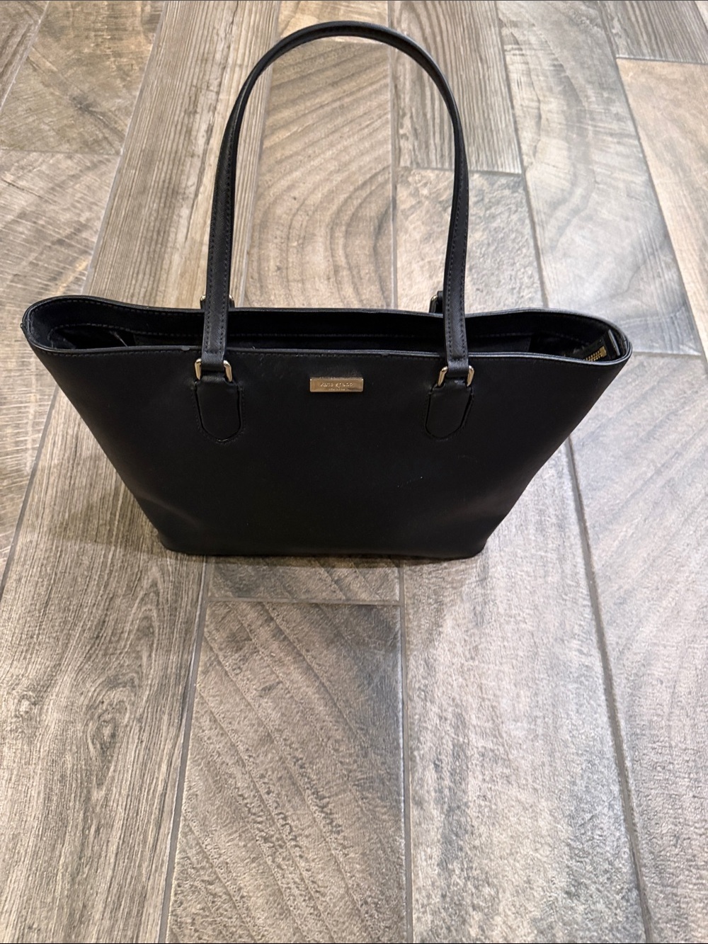 kate spade Black Structured Leather Tote with Gold Plaque - Picture 1 of 5